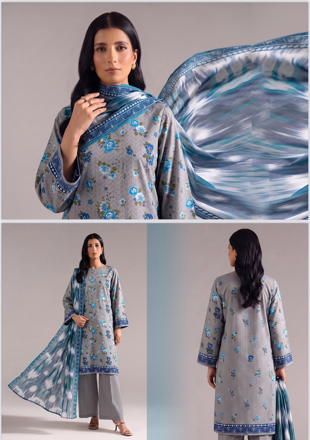 SAPPHIRE/Grey &amp; Royal Blue Floral Luxury Lawn 3-Piece Unstitched Suit*