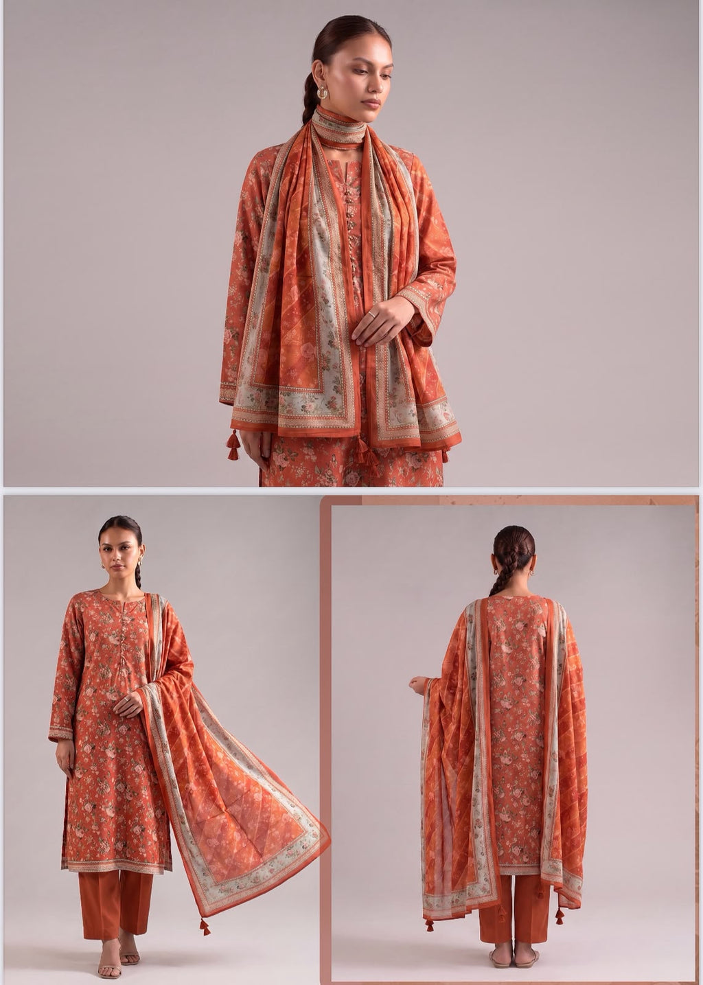 SAPPHIRE| Rust Orange &amp; Vintage Floral Day To Day Luxury Lawn 3-Piece Printed Suit*