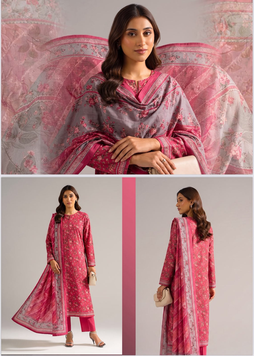 SAPPHIRE| Shocking Pink Vintage Rose Day To Day Luxury Lawn 3-Piece Printed Suit*