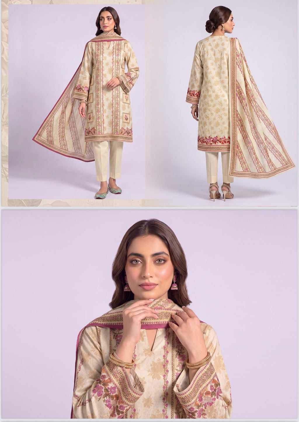 SAPPHIRE| Beige Cream &amp; Pink Floral Day To Day Luxury Lawn 3-Piece Printed Suit*