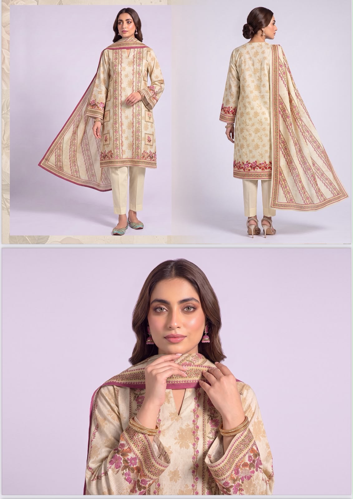 SAPPHIRE| Beige Cream &amp; Pink Floral Day To Day Luxury Lawn 3-Piece Printed Suit*