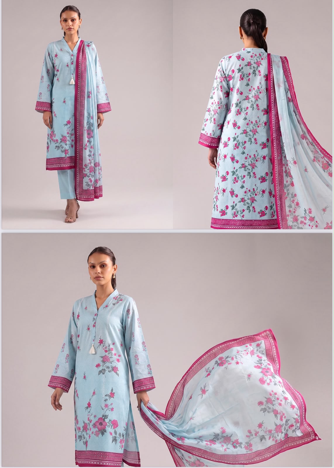 SAPPHIRE/Sky Blue &amp; Shocking Pink Floral Day To Day Luxury Lawn 3-Piece Unstitched Suit*