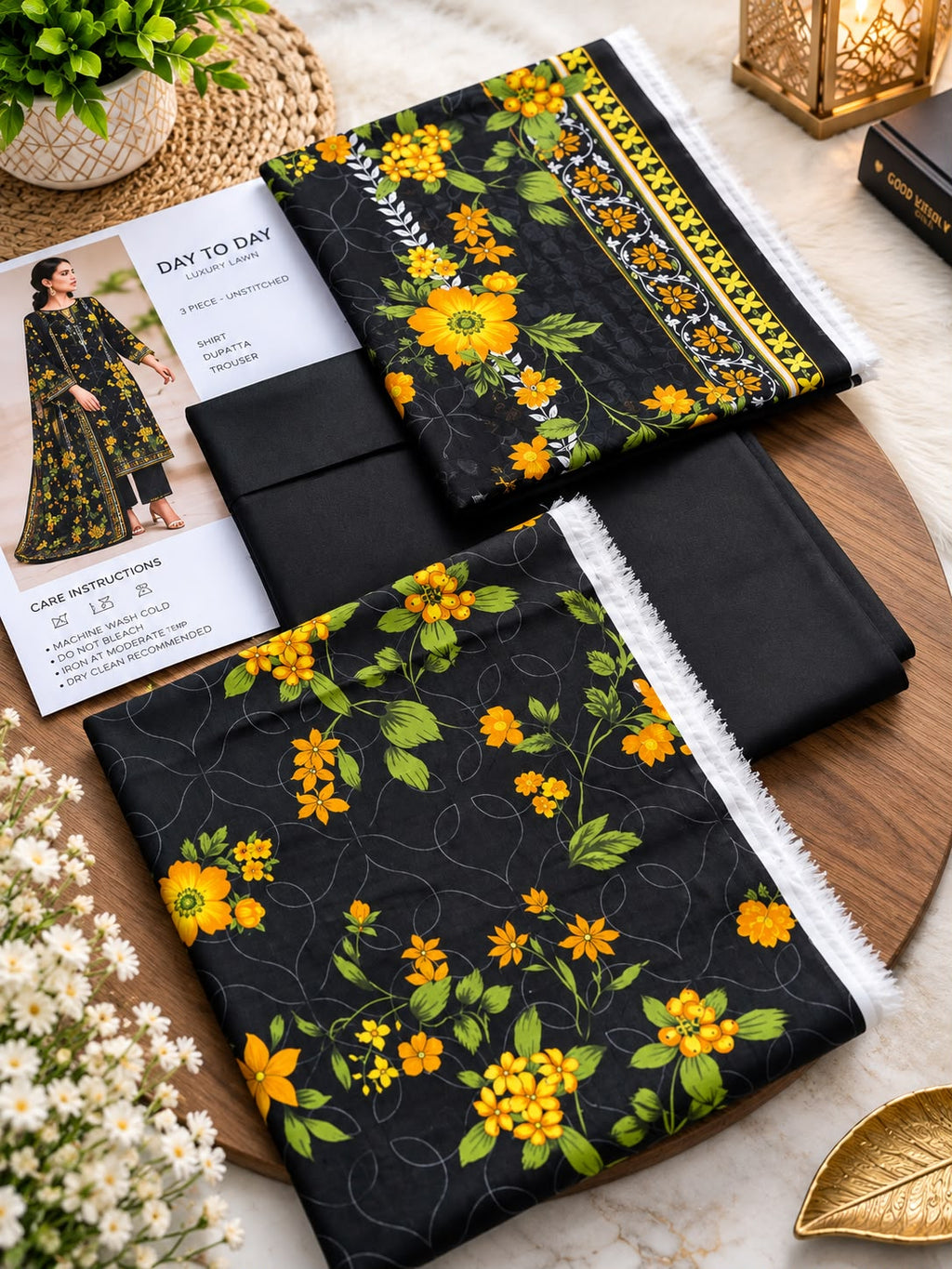 SAPPHIRE | Black &amp; Mustard Yellow Floral Day To Day Luxury Lawn 3-Piece Unstitched Suit