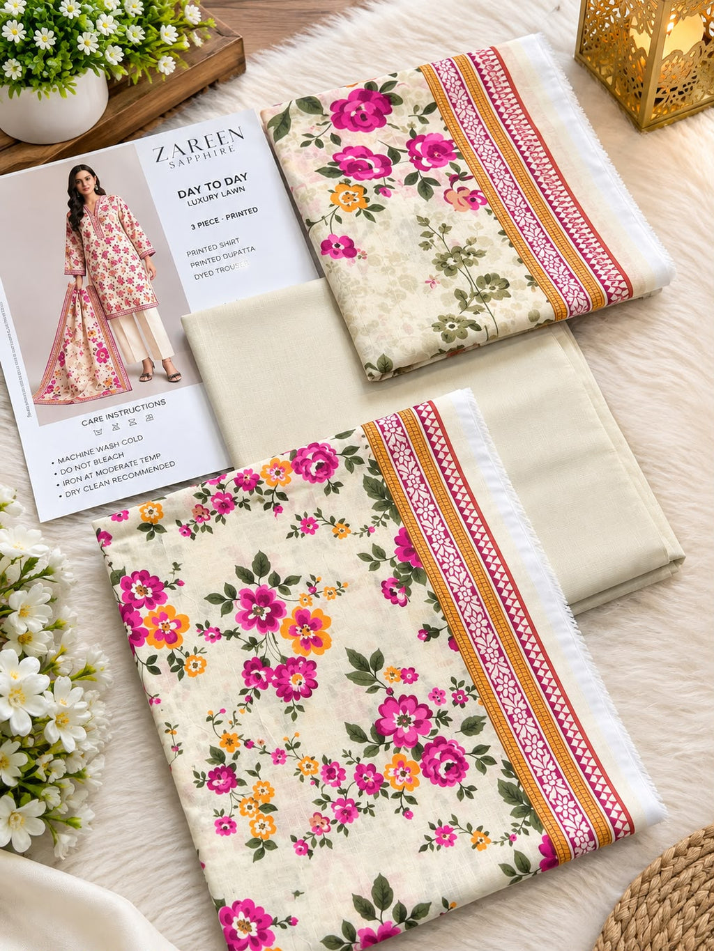 SAPPHIRE|Off-White &amp; Fuchsia Pink Floral Day To Day Luxury Lawn 3-Piece Printed Suit*