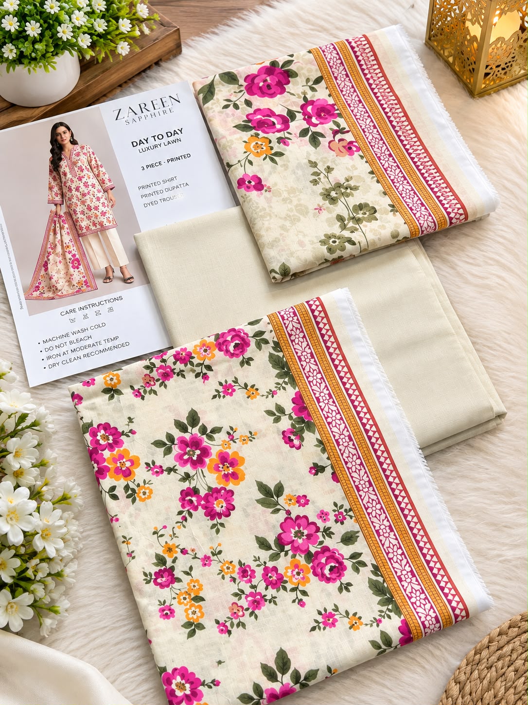 SAPPHIRE|Off-White &amp; Fuchsia Pink Floral Day To Day Luxury Lawn 3-Piece Printed Suit*
