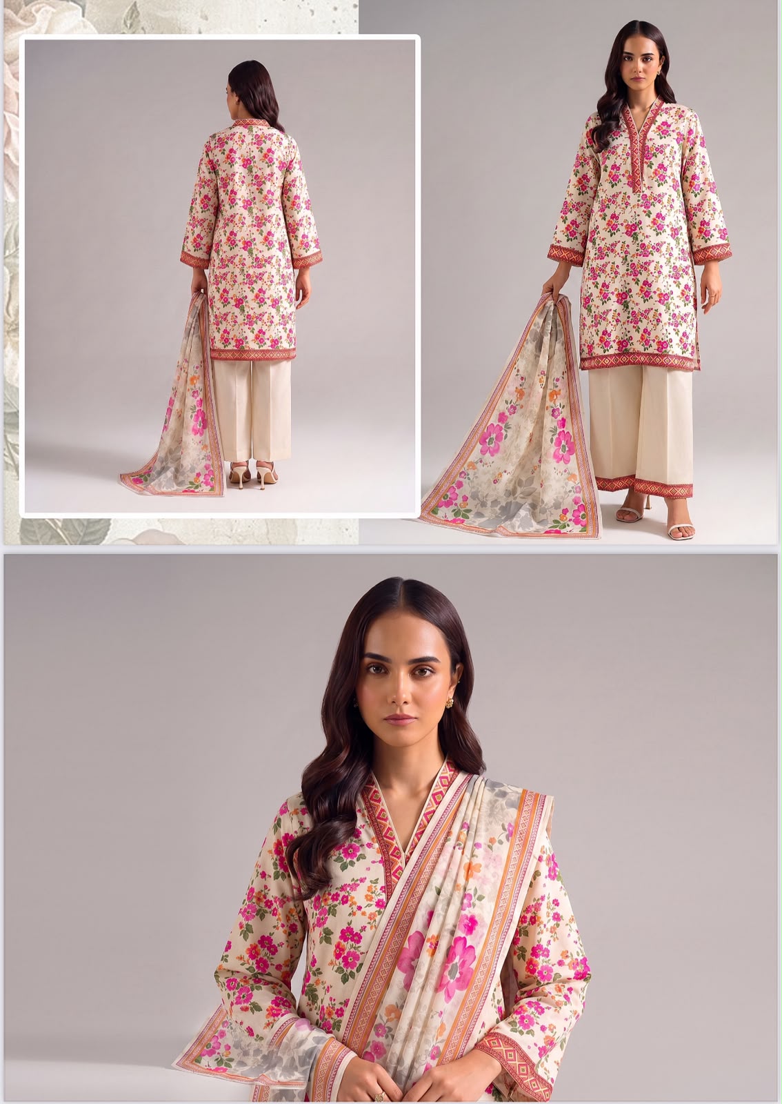 SAPPHIRE|Off-White &amp; Fuchsia Pink Floral Day To Day Luxury Lawn 3-Piece Printed Suit*