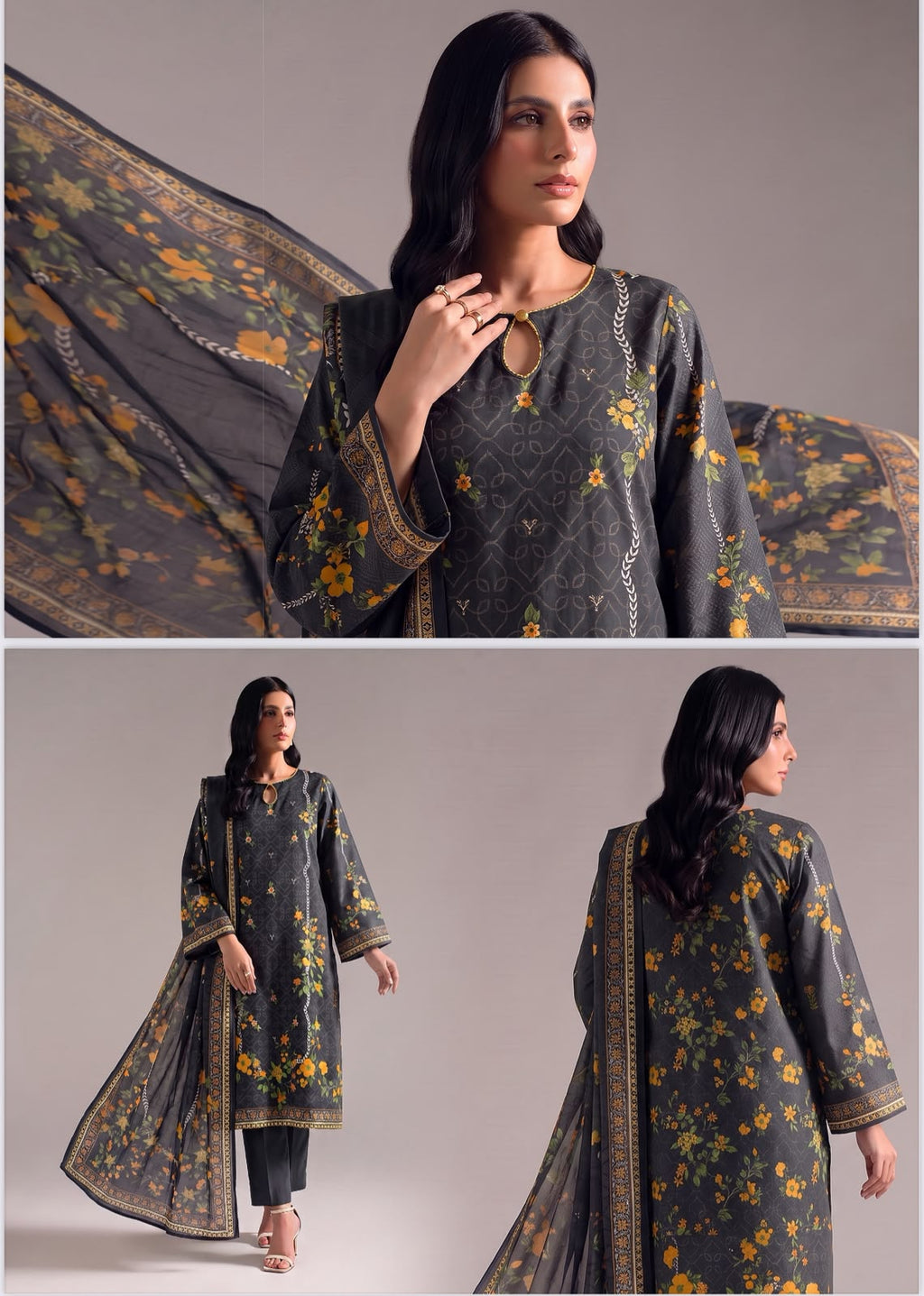 SAPPHIRE | Black &amp; Mustard Yellow Floral Day To Day Luxury Lawn 3-Piece Unstitched Suit