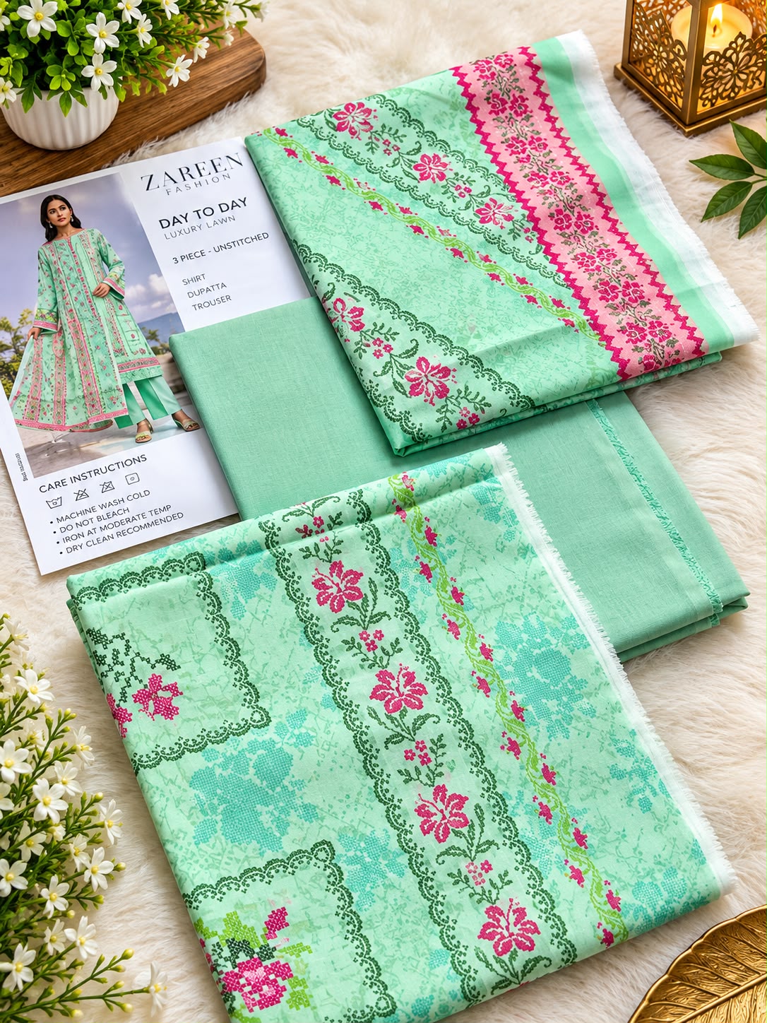SAPPHIRE | Mint Green &amp; Pink Floral Day To Day Luxury Lawn 3-Piece Unstitched Suit*