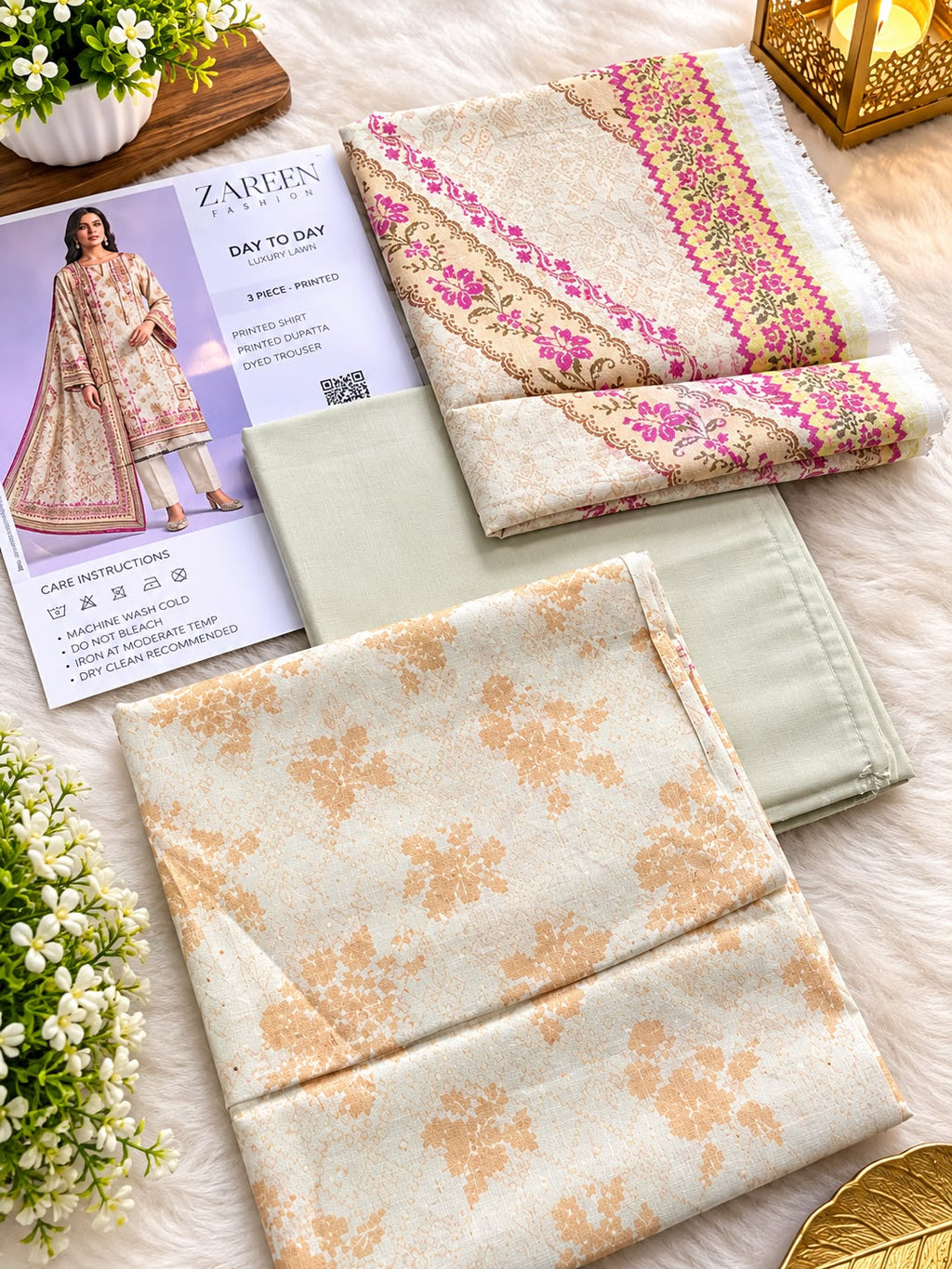 SAPPHIRE| Beige Cream &amp; Pink Floral Day To Day Luxury Lawn 3-Piece Printed Suit*