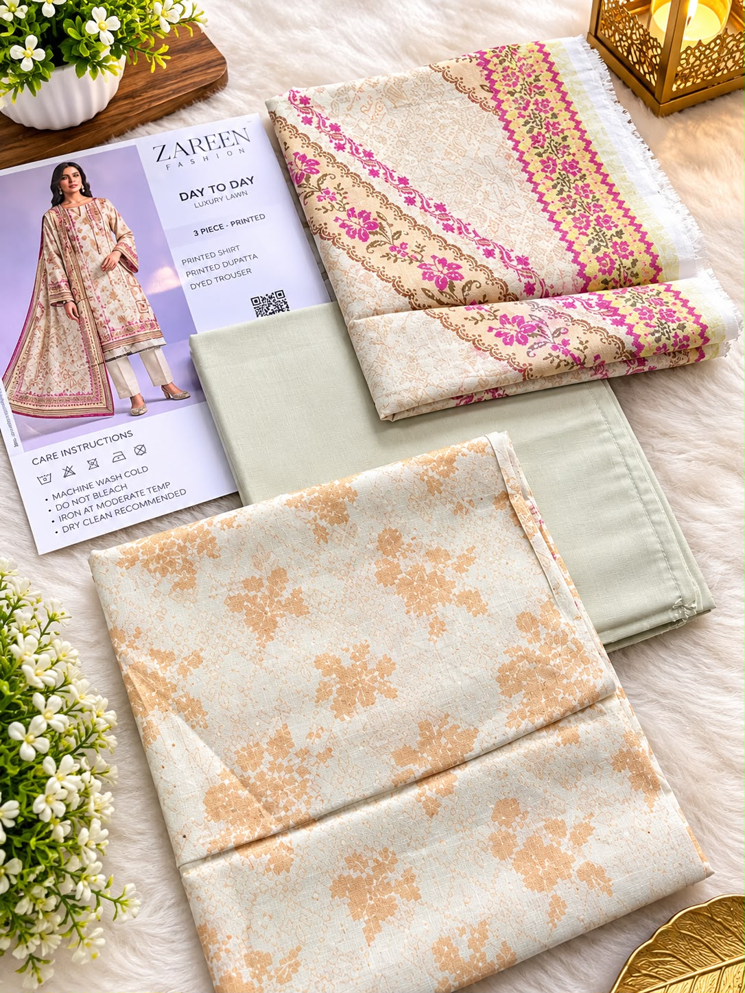 SAPPHIRE| Beige Cream &amp; Pink Floral Day To Day Luxury Lawn 3-Piece Printed Suit*