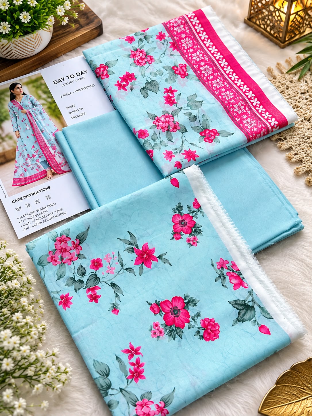 SAPPHIRE/Sky Blue &amp; Shocking Pink Floral Day To Day Luxury Lawn 3-Piece Unstitched Suit*