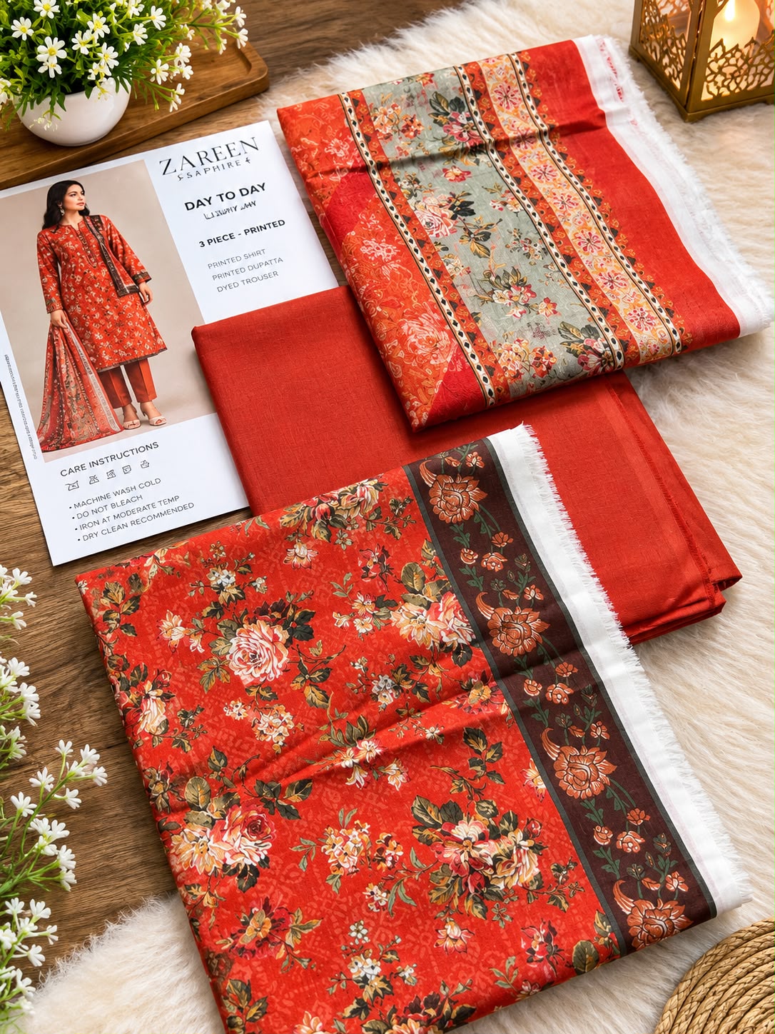 SAPPHIRE| Rust Orange &amp; Vintage Floral Day To Day Luxury Lawn 3-Piece Printed Suit*