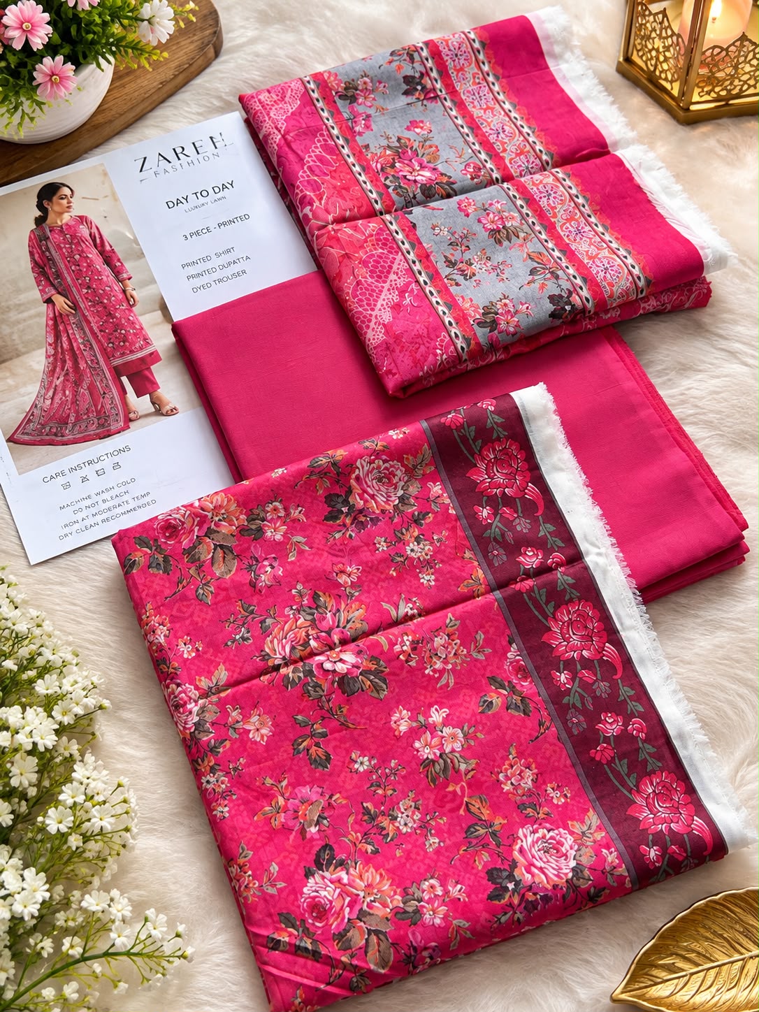 SAPPHIRE| Shocking Pink Vintage Rose Day To Day Luxury Lawn 3-Piece Printed Suit*