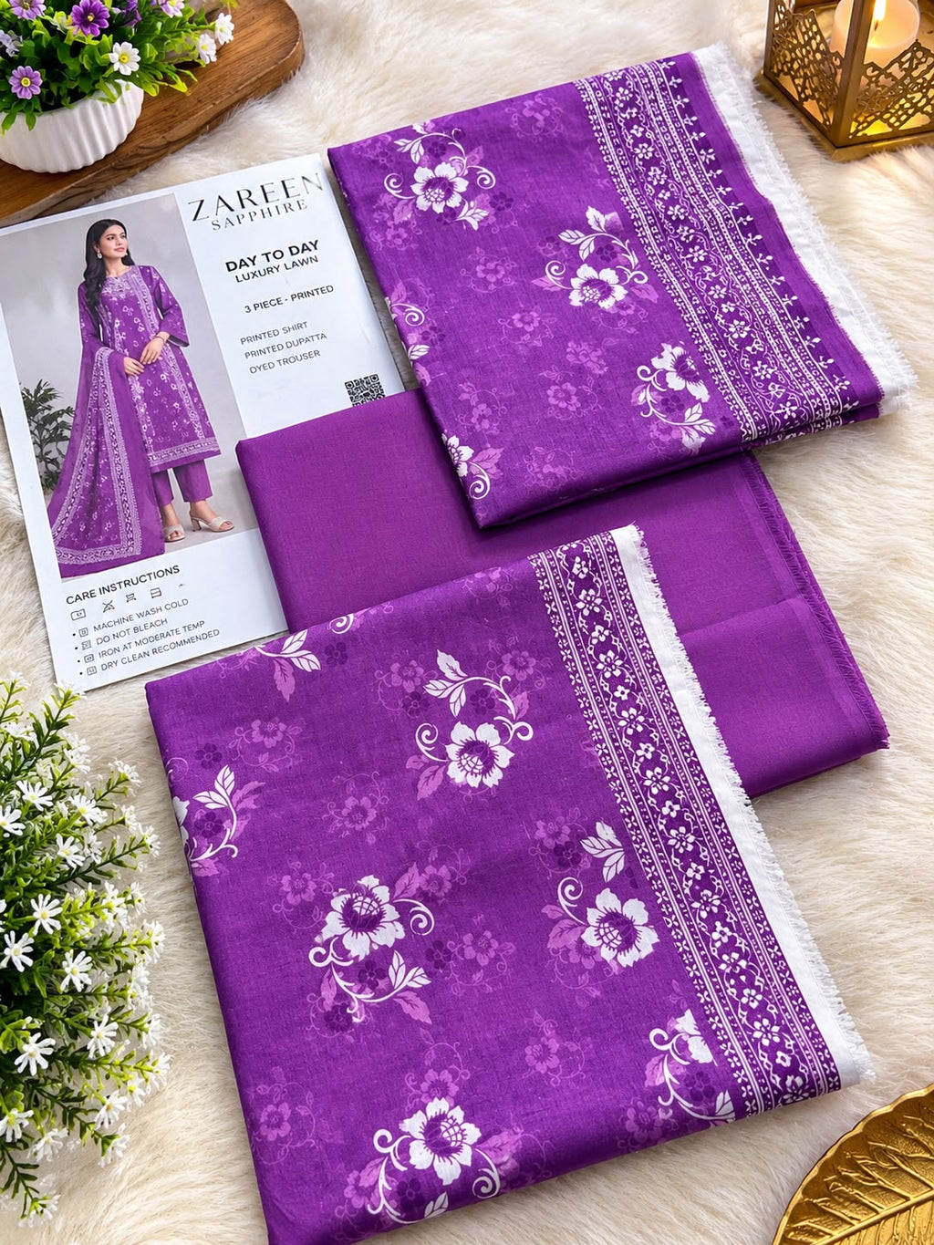 SAPPHIRE| Royal Purple &amp; White Floral Day To Day Luxury Lawn 3-Piece Printed Suit*