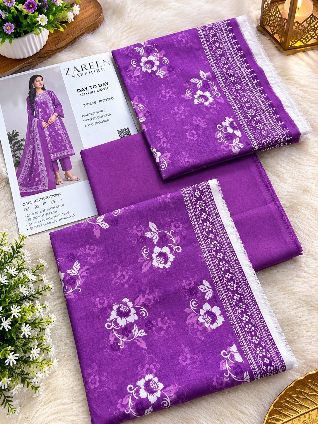 SAPPHIRE| Royal Purple &amp; White Floral Day To Day Luxury Lawn 3-Piece Printed Suit*