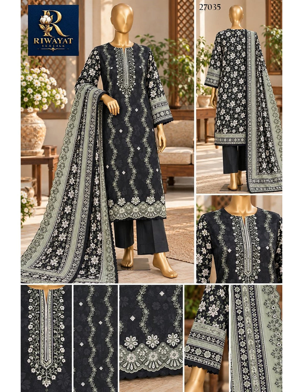 Riwayat premium Embroidery khaddar 3 piece suit