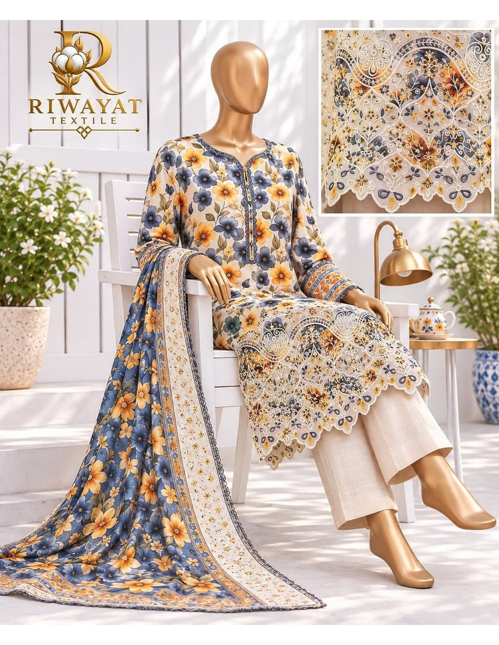Riwayat premium Embroidery khaddar 3 piece suit