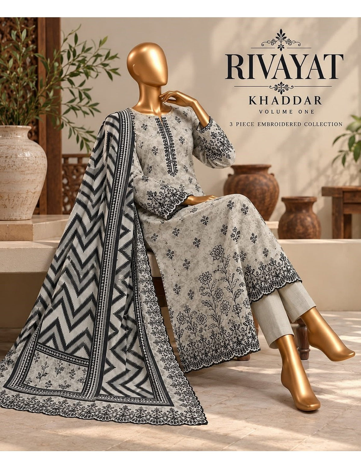Riwayat premium Embroidery khaddar 3 piece suit